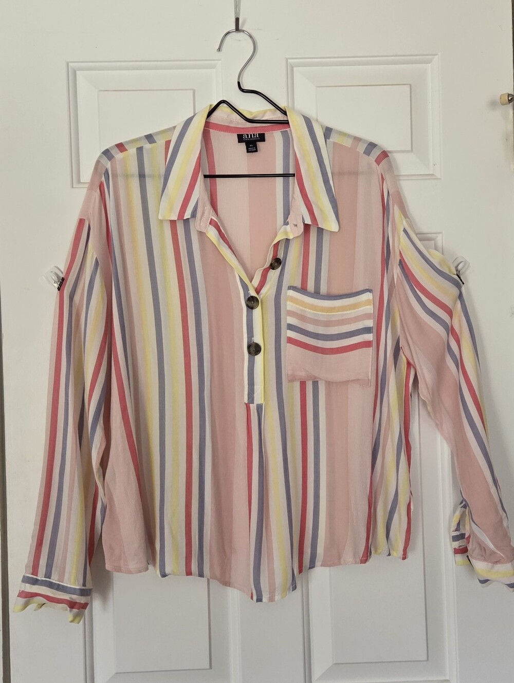 a.n.a Pastel Vertical Striped 3-button Long Sleeve Pocket-Tee Blouse